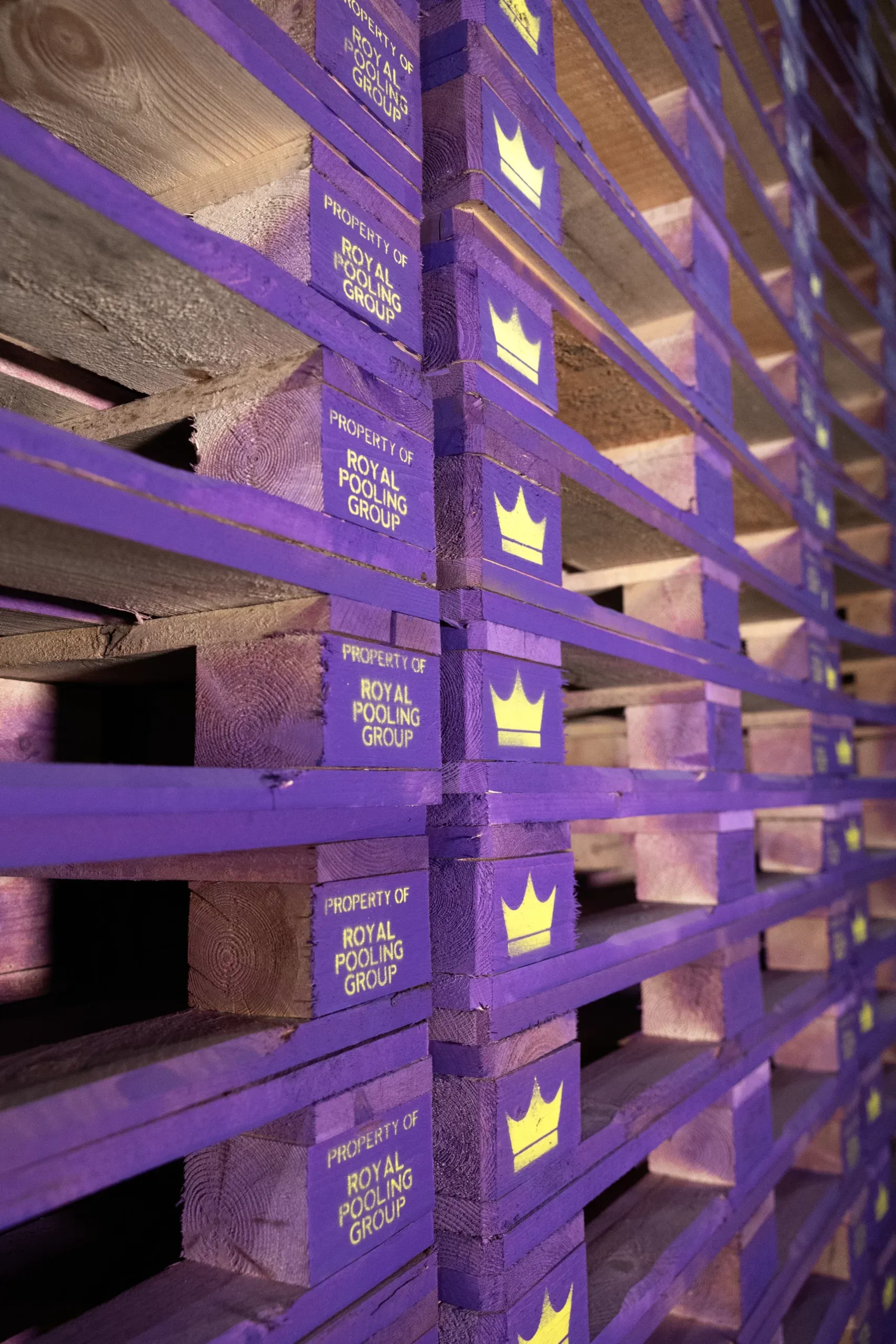 Stacked wooden pallets at the Royal Pooling Group warehouse